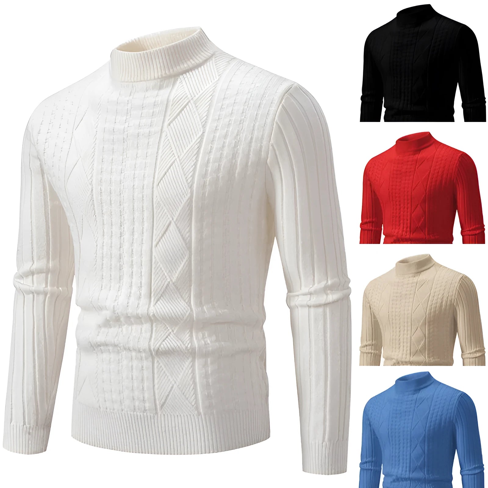 Men's slim fit jacquard knit pullover sweater in beige, front view, long sleeves, crew neck