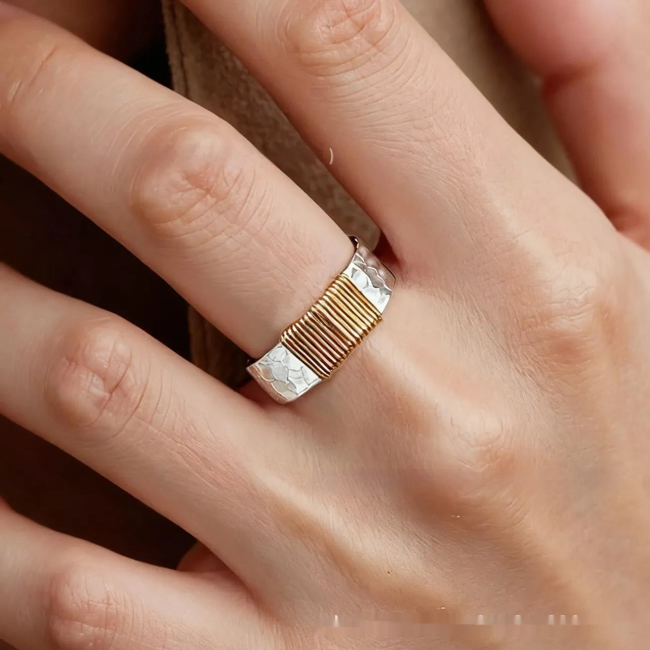 Geometric copper ring bracelet with irregular coil design in silver or gold electroplated finish