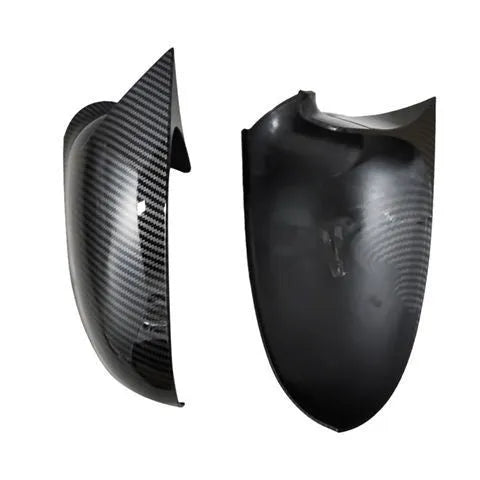 Pair of horn bright black plastic mirror housings for Volkswagen Sagitar with carbon fibre accents.