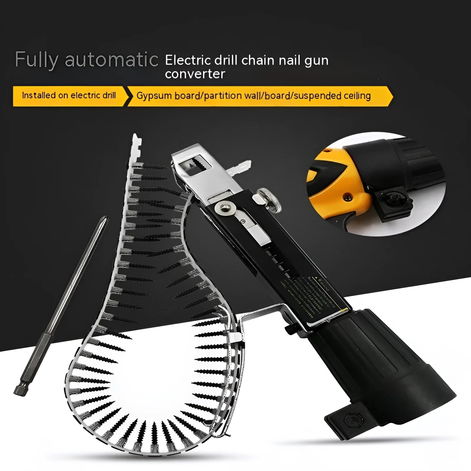 Chain screw gun head kit with metal gun head, chain band, cross head, and storage rack