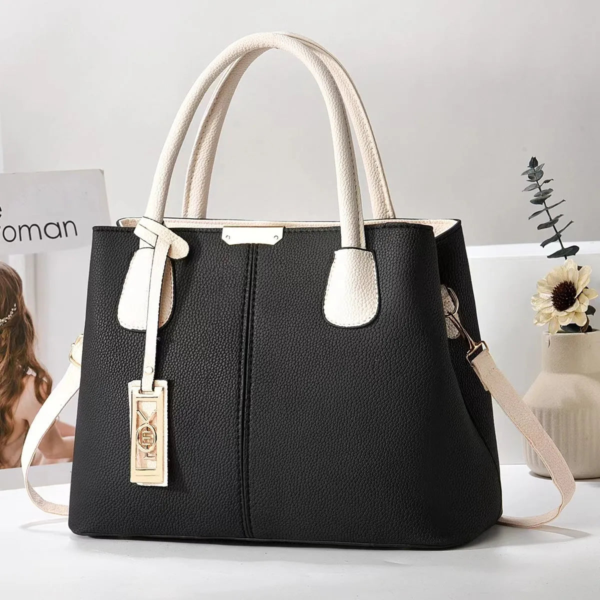 Soft PU fashion handbag with leather shoulder strap in horizontal square shape