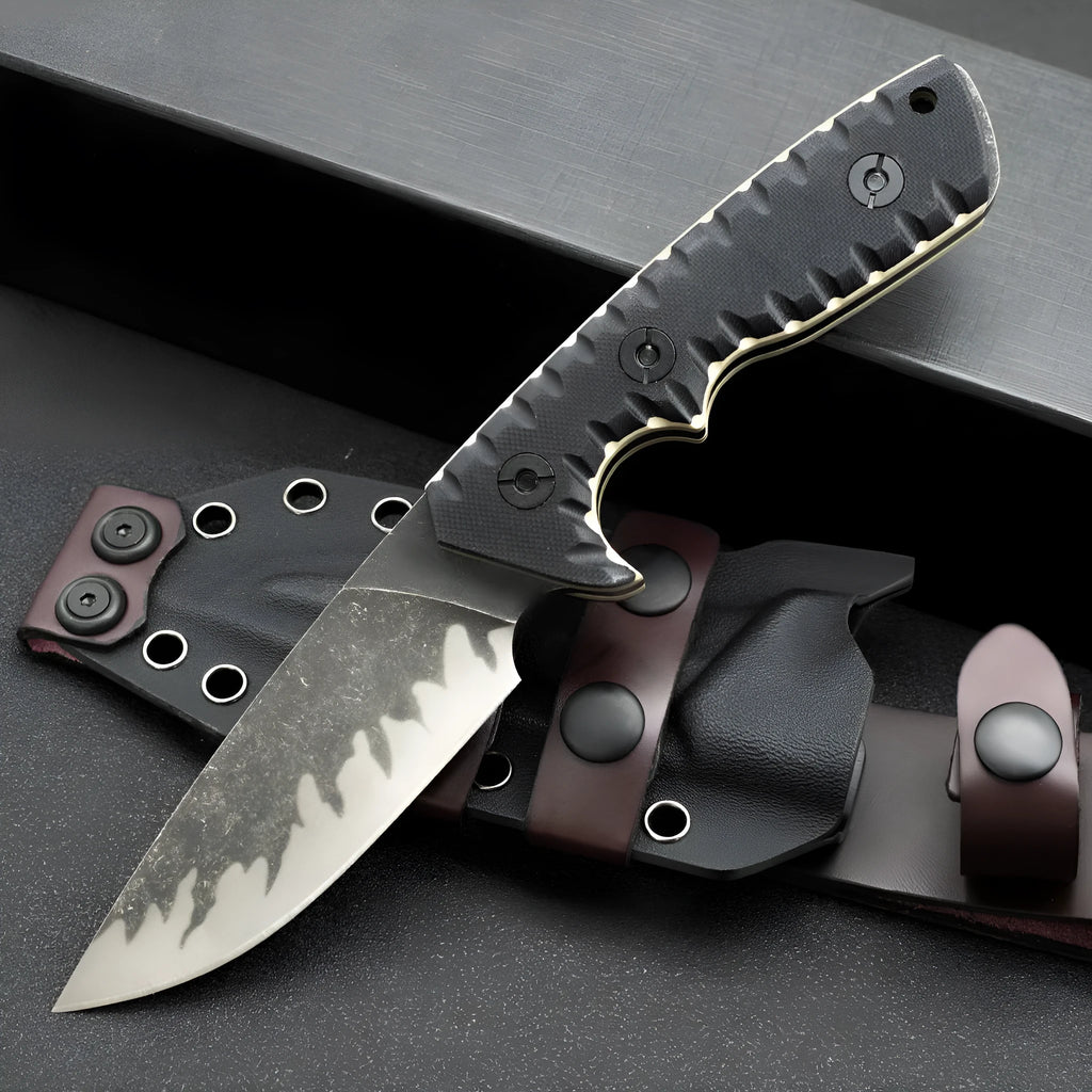 Portable camping knife with black handle and 100mm blade on plain background