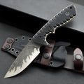 Portable camping knife with black handle and 100mm blade on plain background
