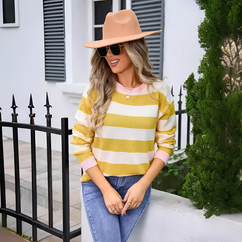 Women's loose striped acrylic sweater in blue colour with round neckline and long sleeves