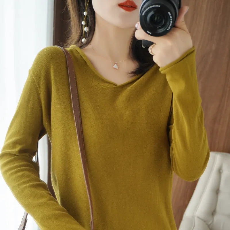 Women's V-neck long sleeve knitwear pullover top in turmeric colour with non-ironing process