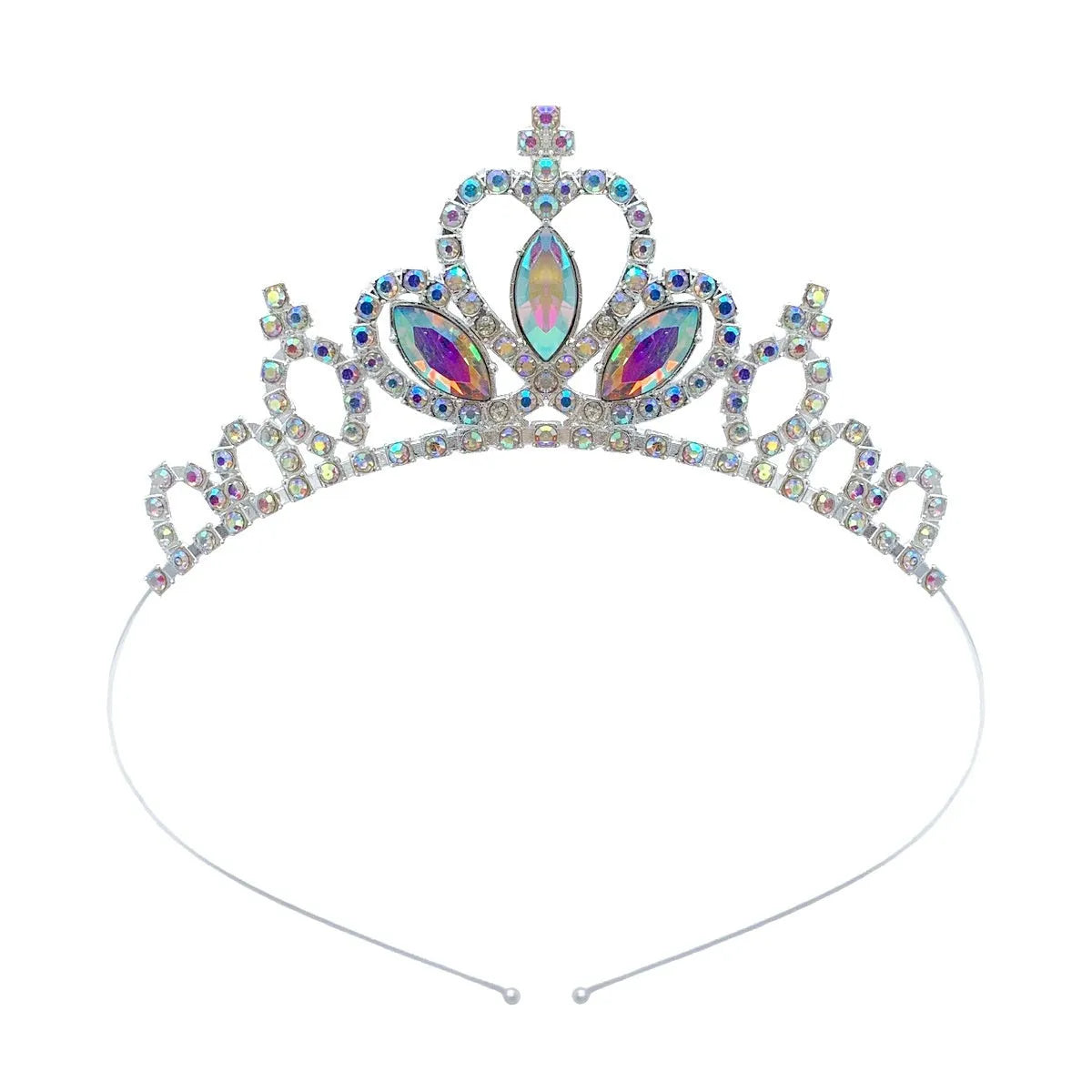 Gold and silver electroplated alloy princess crown headdress for girls with coloured diamond embellishments.