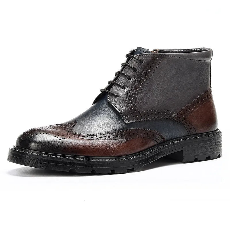 Men's coffee blue vintage brogue ankle boots with colour-blocked panels and leather laces.