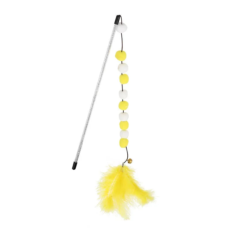 Colourful cat teaser stick with acrylic pompons, feathers, and bell on 31cm lightweight rod