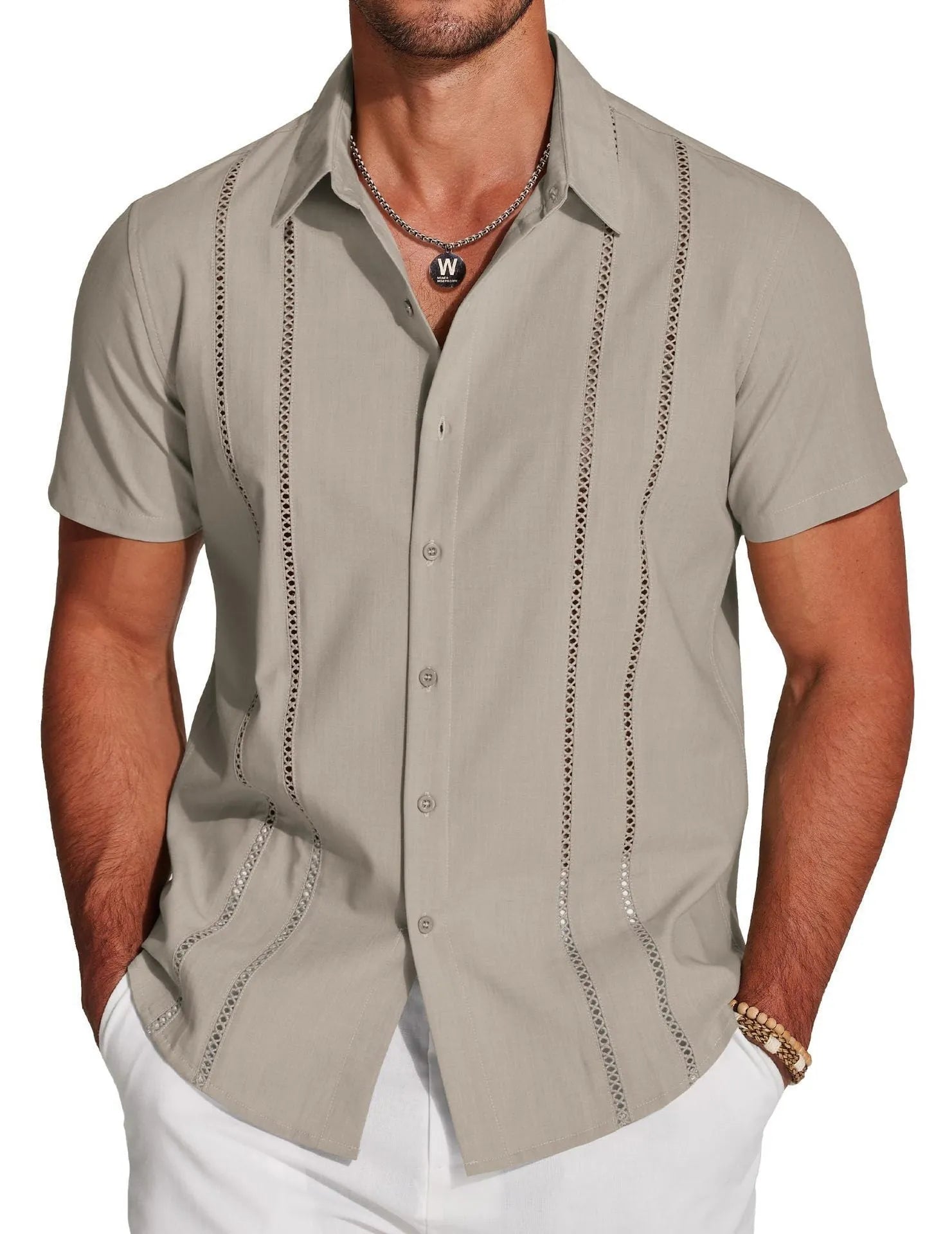 Men's slim fit Hawaiian shirt with colourful digital print pattern on polyester fabric.