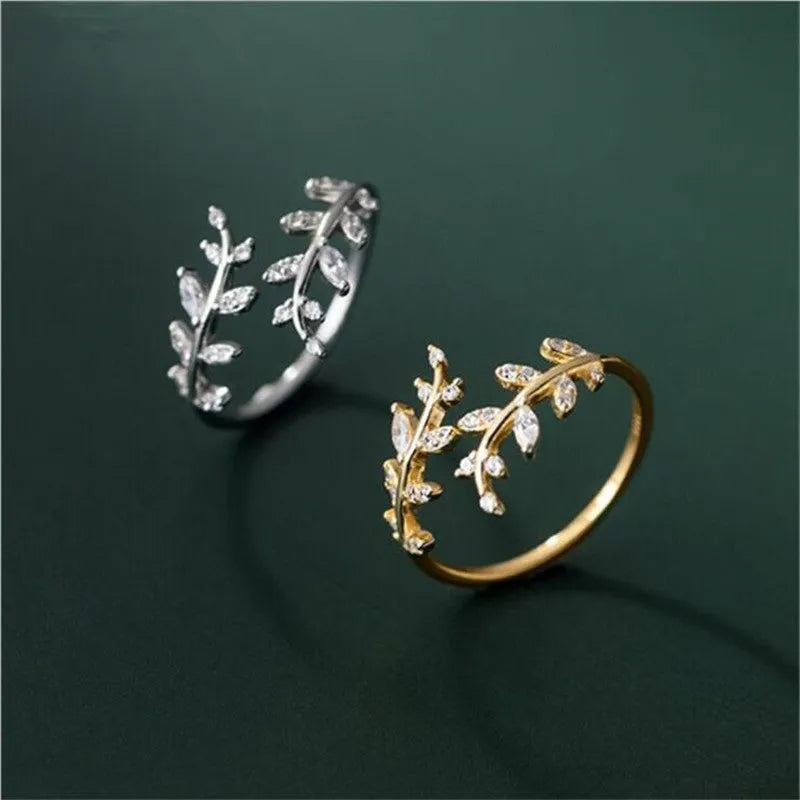 Copper branch leaf ring for women with gold or silver electroplated finish