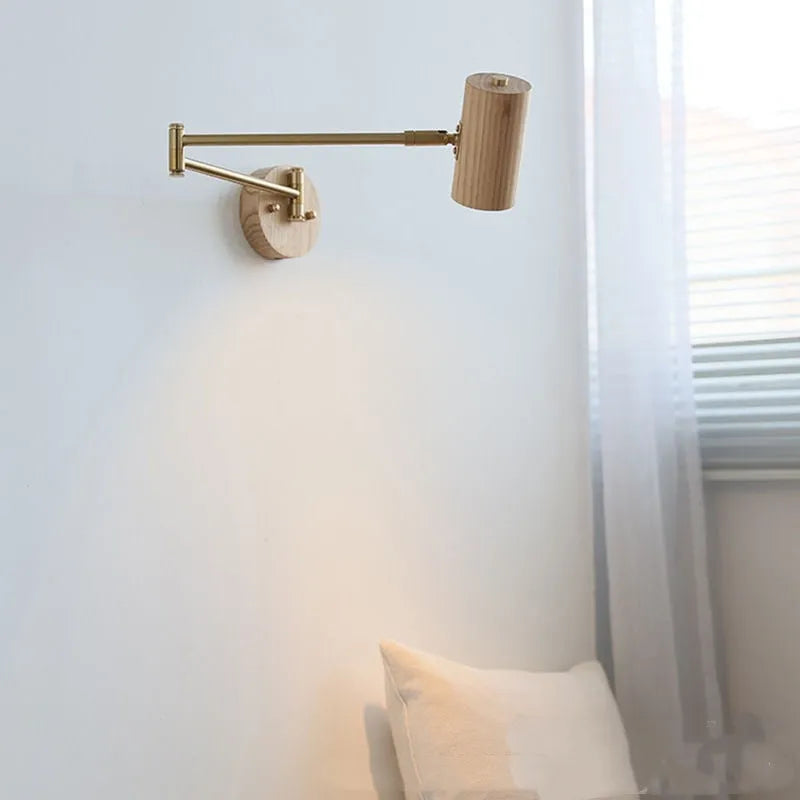 Retro-style wall lamp with a long, rotating arm and classic lamp head, shown in a wood finish with a visible wall switch.