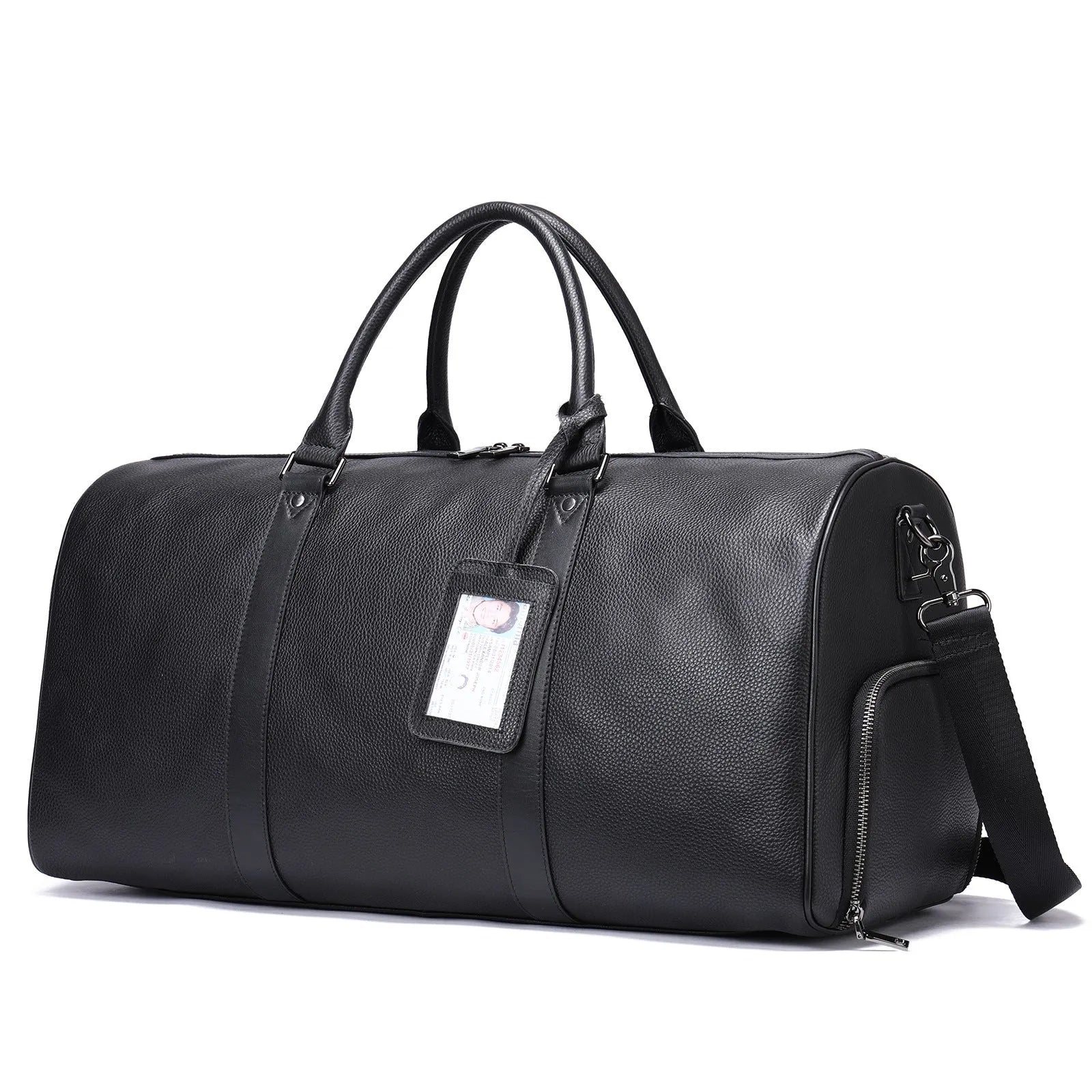 Men's black and coffee leather tote bag with single strap in 44cm and 55cm sizes.