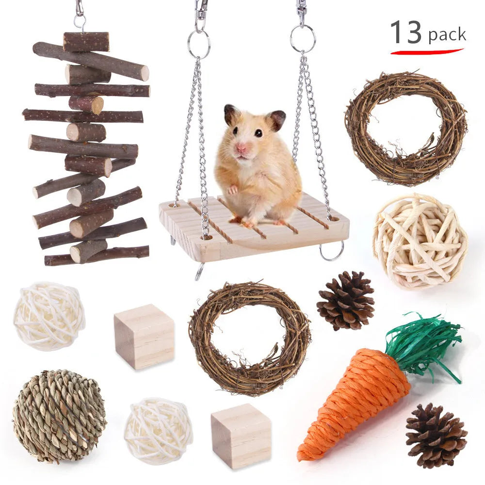 Wooden pet toy set with molar stick, straw mattress and woven balls for rabbits, guinea pigs and parrots