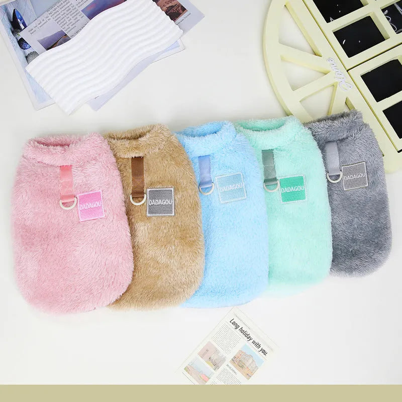 Coral fleece pet dog jacket with multi-colour pull rings in blue.