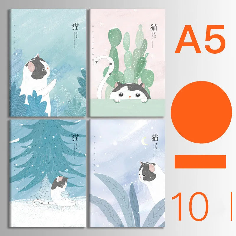Bundle of ten soft-cover kraft paper notebooks with thread binding in various animal and nature designs.