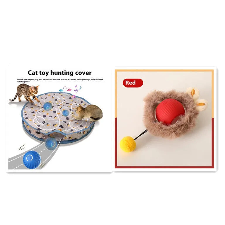 Silicone self-moving rolling ball cat toy in green, red, and grey colour options.