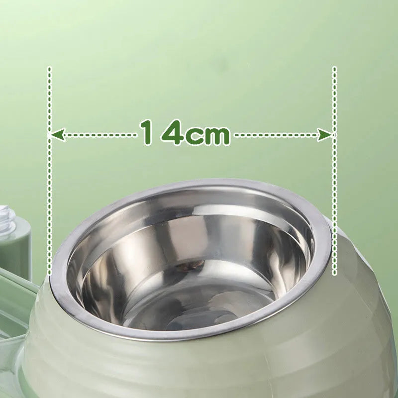 Elevated cat food bowl with water dispenser bottle in brown colour