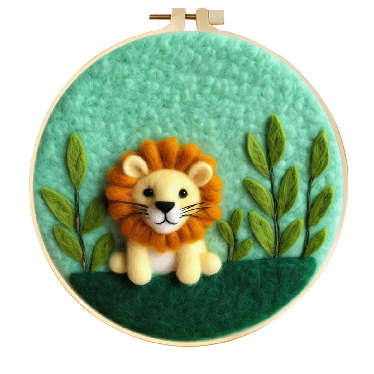 Round 20x20 cm linen embroidery kit with wool felt pieces for floral design and included embroidery frame.