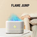 Black aromatherapy humidifier showing seven-colour flame lighting effect and emitting mist from a single outlet.