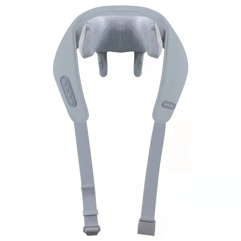 Grey elastic fabric USB neck and back massager with two speed settings and infrared function.