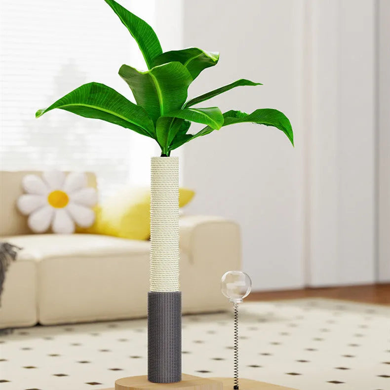 Vertical wooden cat scratching post with canna-coloured column and food drop ball feature