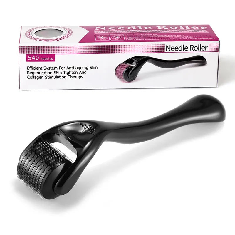 Black and purple derma rollers with titanium microneedles for facial, scalp and body skincare