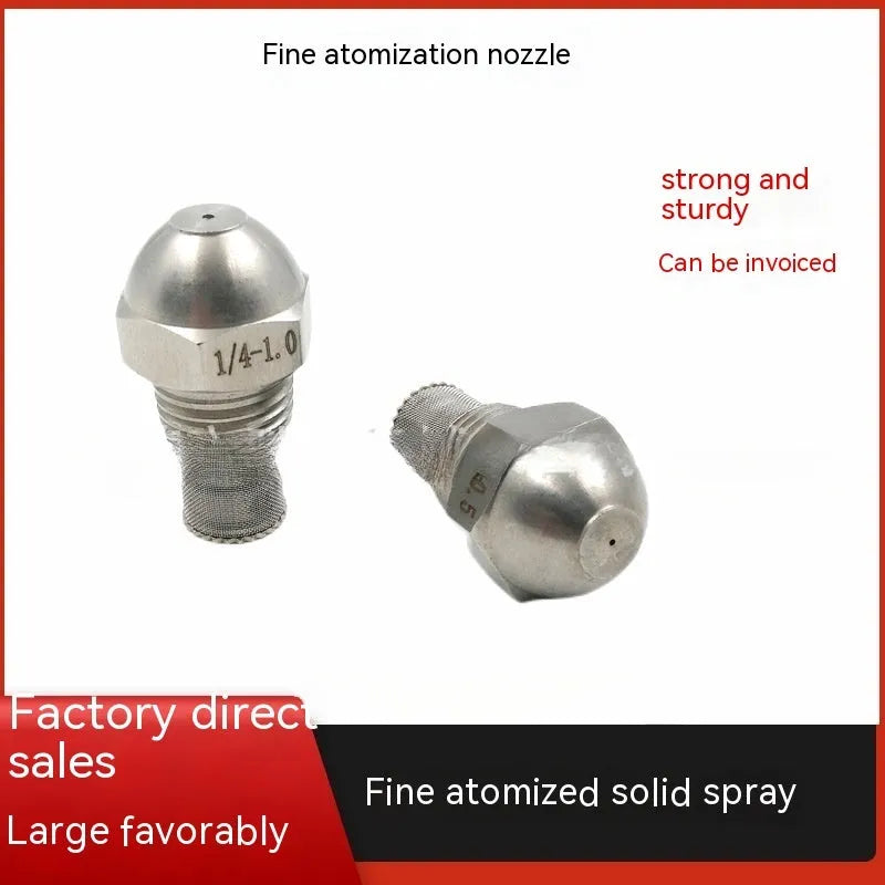 304 stainless steel two-point industrial spray nozzle with external thread and filter screen for atomisation.