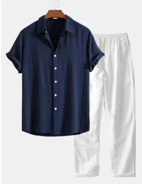 Men's navy blue cotton linen short sleeve suit with matching shorts and accessories displayed