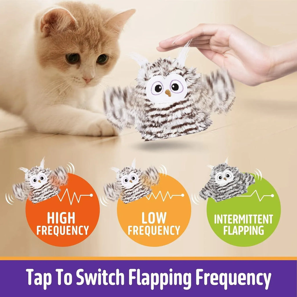 Grey automatic flapping owl cat toy with wings extended showing 10x14cm size