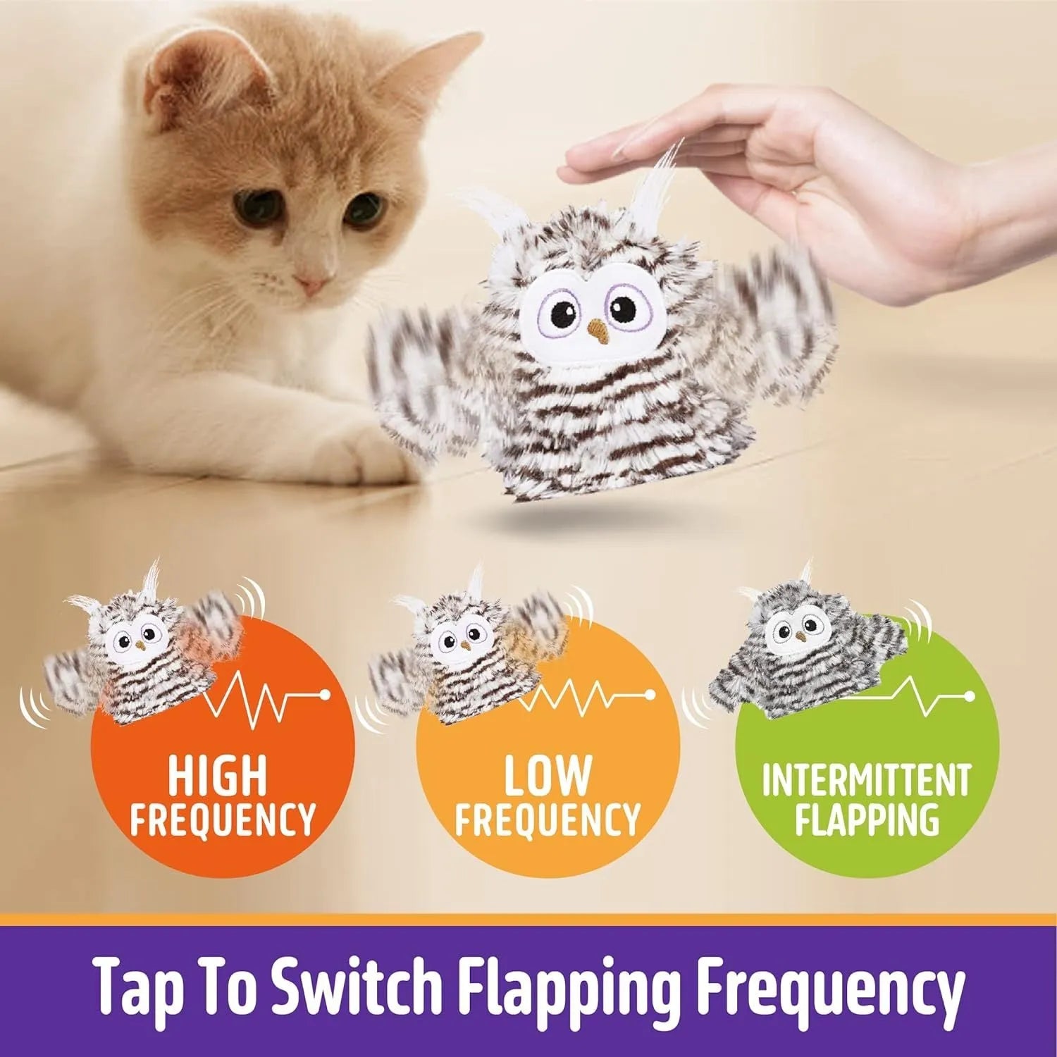 Grey automatic flapping owl cat toy with wings extended showing 10x14cm size