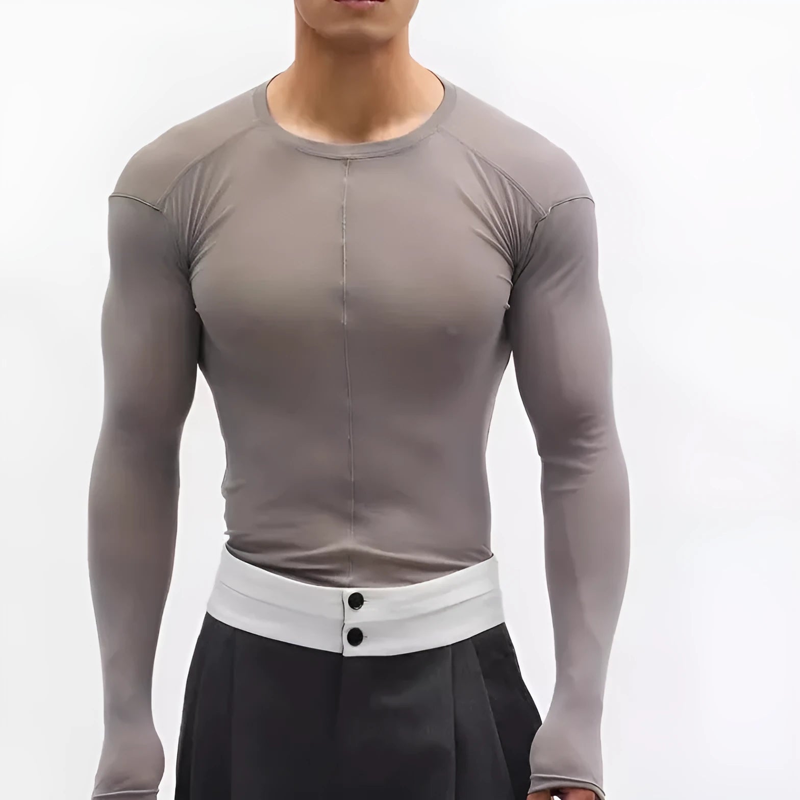 Black mesh see-through texture slim-fit long sleeve pullover on a hanger.