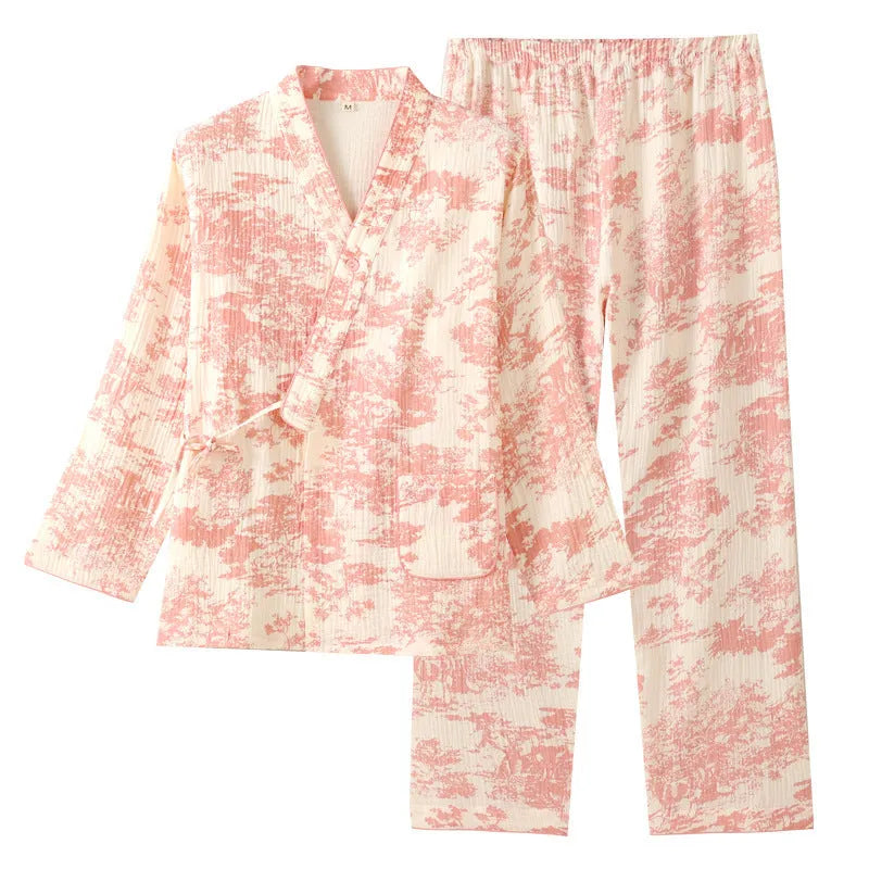Women's pink pure cotton gauze lounge set with lace-up trousers and long sleeve top.