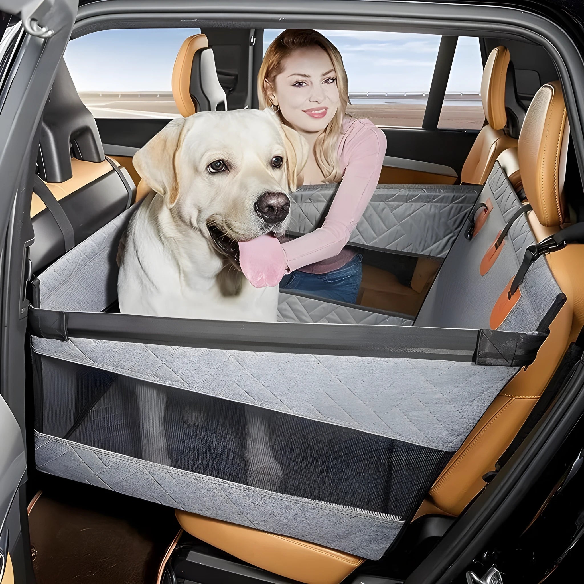 Grey reversible water resistant dog bed measuring 56x56x40cm for car and home use