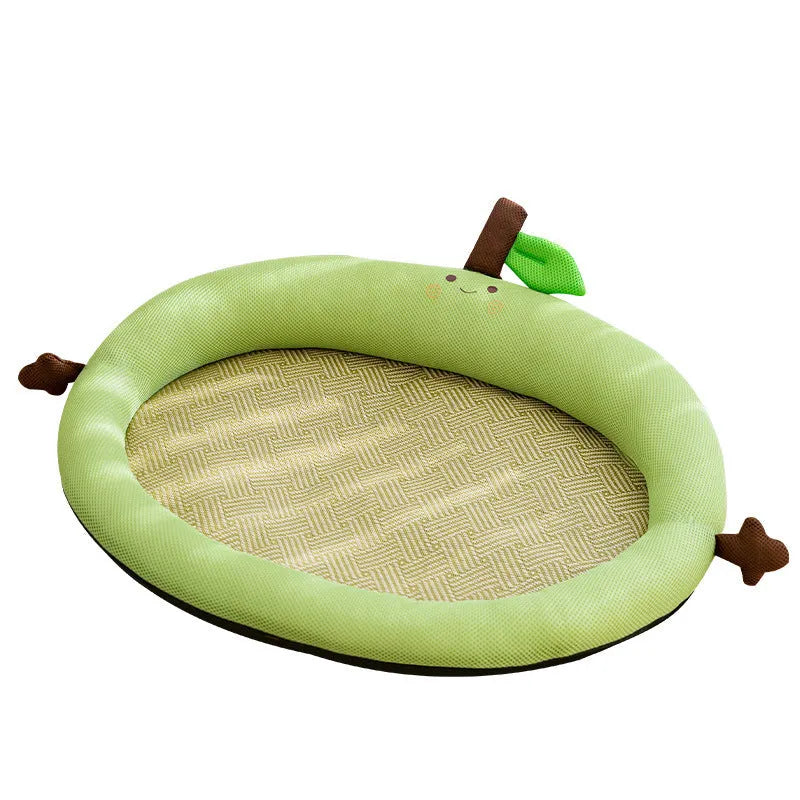 Green fruit backrest pet cooling mat for dogs and cats on a wooden floor