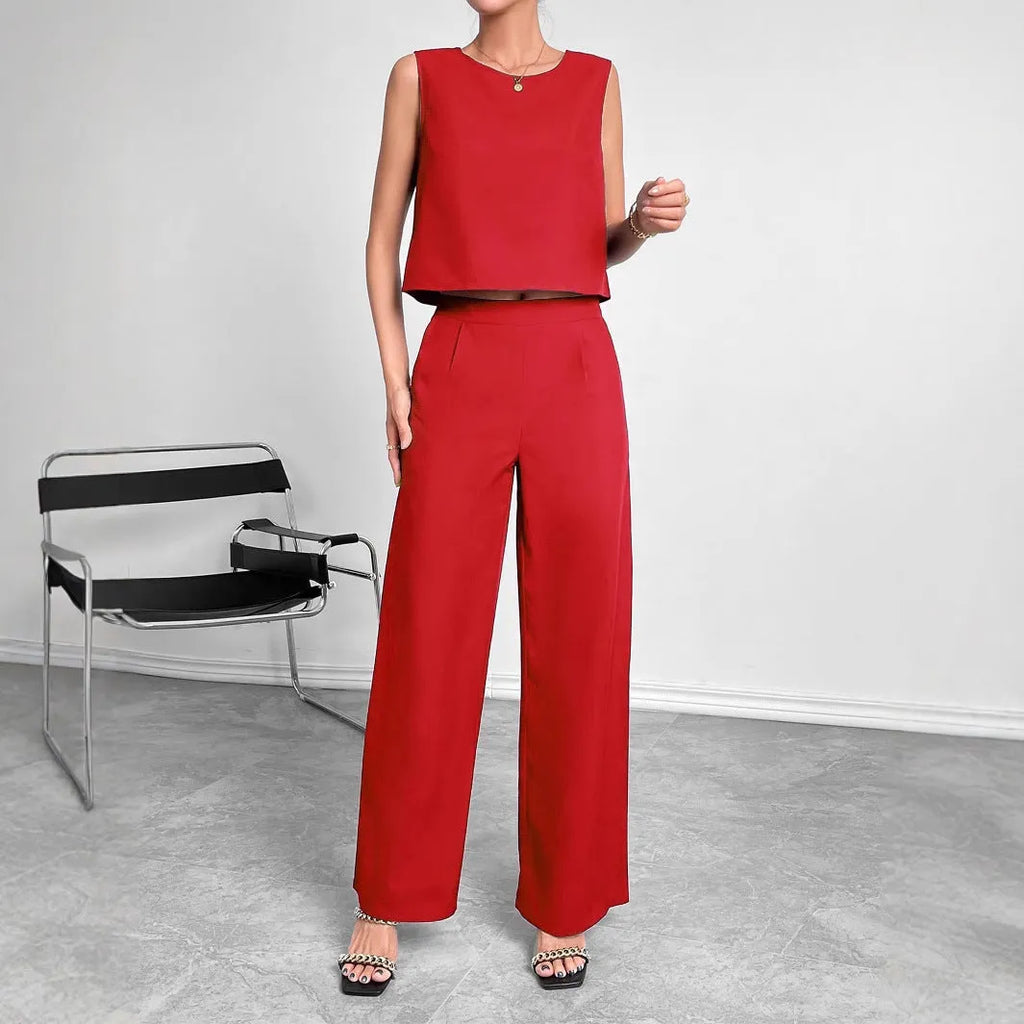 Women's sleeveless top and wide leg trousers two-piece set in red or navy blue