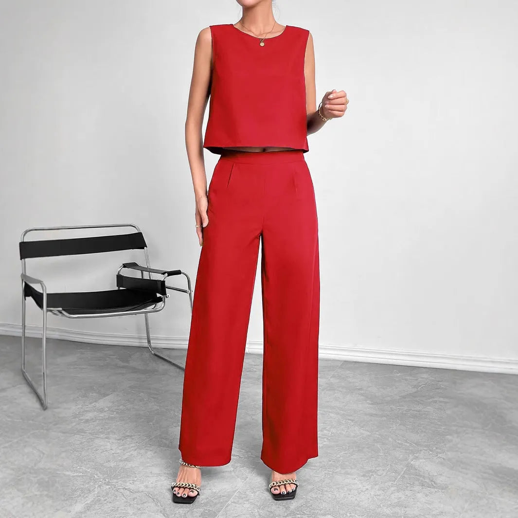 Women's sleeveless top and wide leg trousers two-piece set in red or navy blue