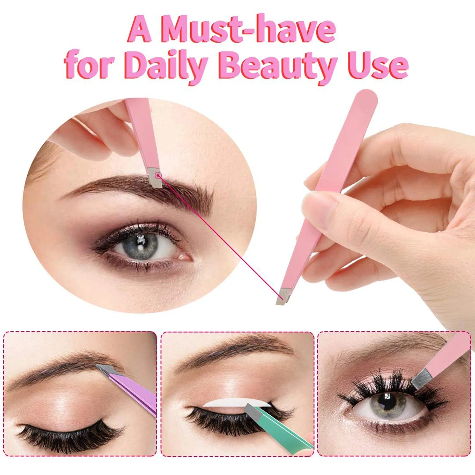 Professional six-piece stainless steel eyebrow tweezers set with curved scissors and leather case.