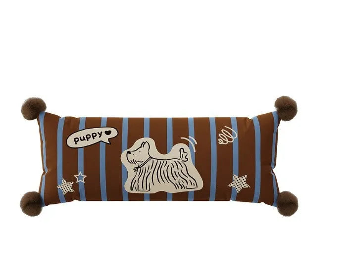 Cartoon animal printed cushion on sofa in blue, brown or white colours, showing 30x70cm, 45x45cm and 60x60cm size options