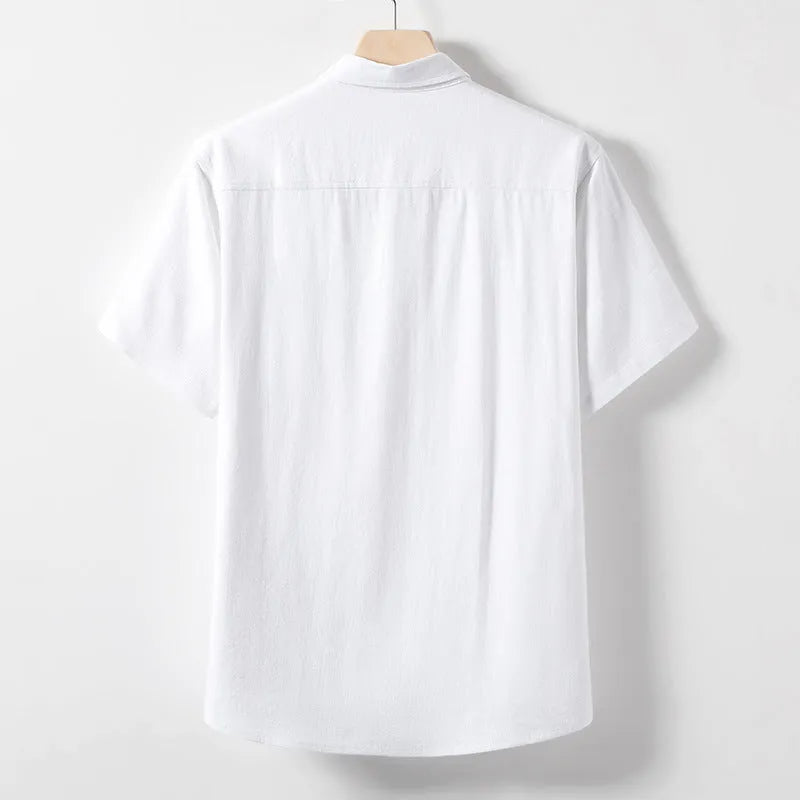 Men's loose lapel linen-blend t-shirt in black, optic linen, or white, short sleeve pullover style.