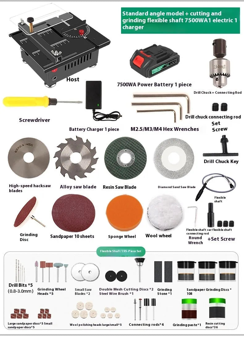 Lithium-ion battery-powered desktop mini saw with five angle grinder attachments