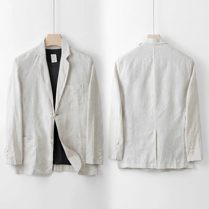 Men's loose fit linen casual suit jacket in solid colour, shown in available colours: white, black, natural linen, sky blue, navy blue.