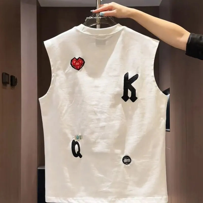 Men's white cotton sleeveless vest with cartoon print, loose fit casual top