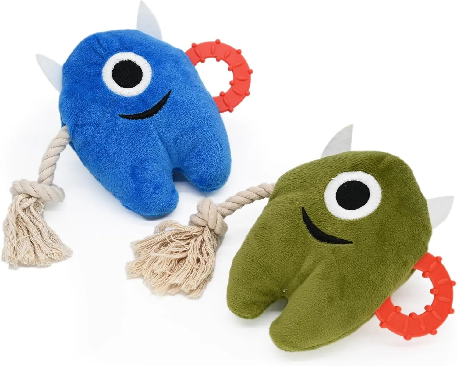 Blue and green monster-themed plush dog toy with cotton rope elements and squeaker