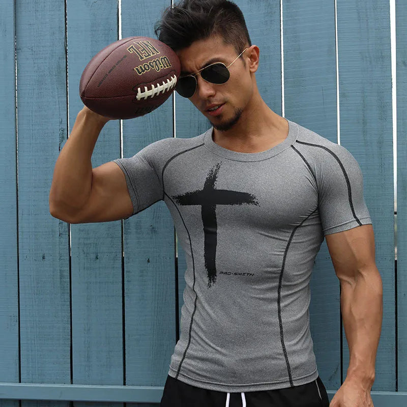 Men's polyester tight-fitting printed running top with short sleeves, available in white and grey colour options