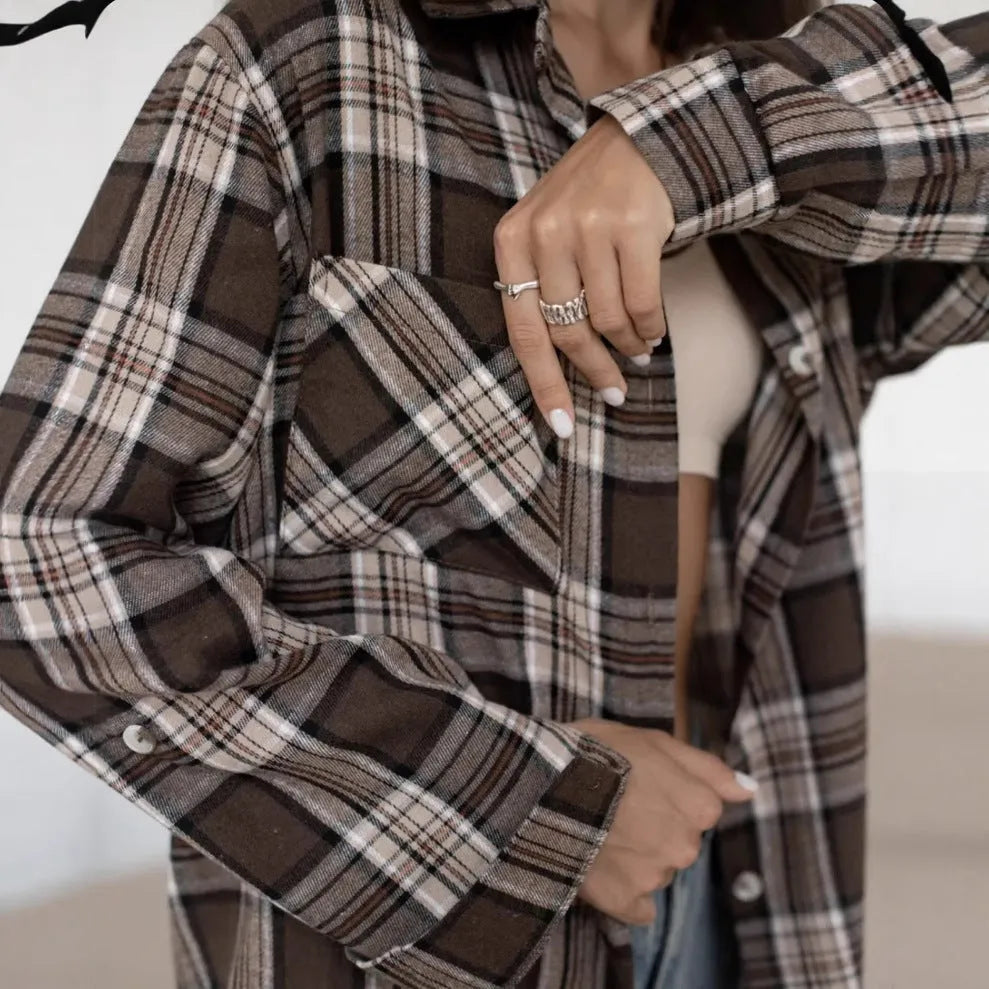 Dark brown striped retro women's shirt with long sleeves and collar styling