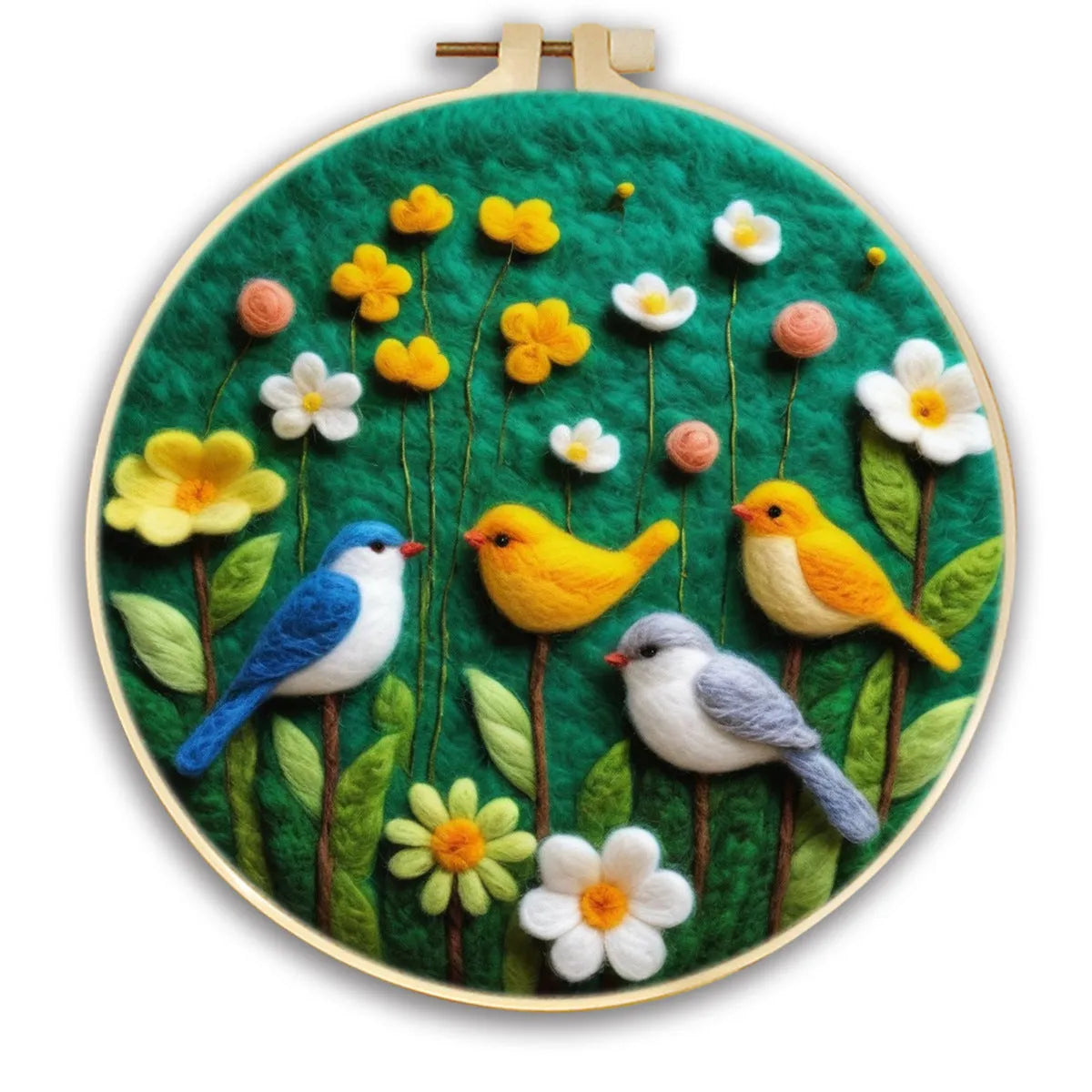 Round 20x20 cm linen embroidery kit with wool felt pieces for floral design and included embroidery frame.