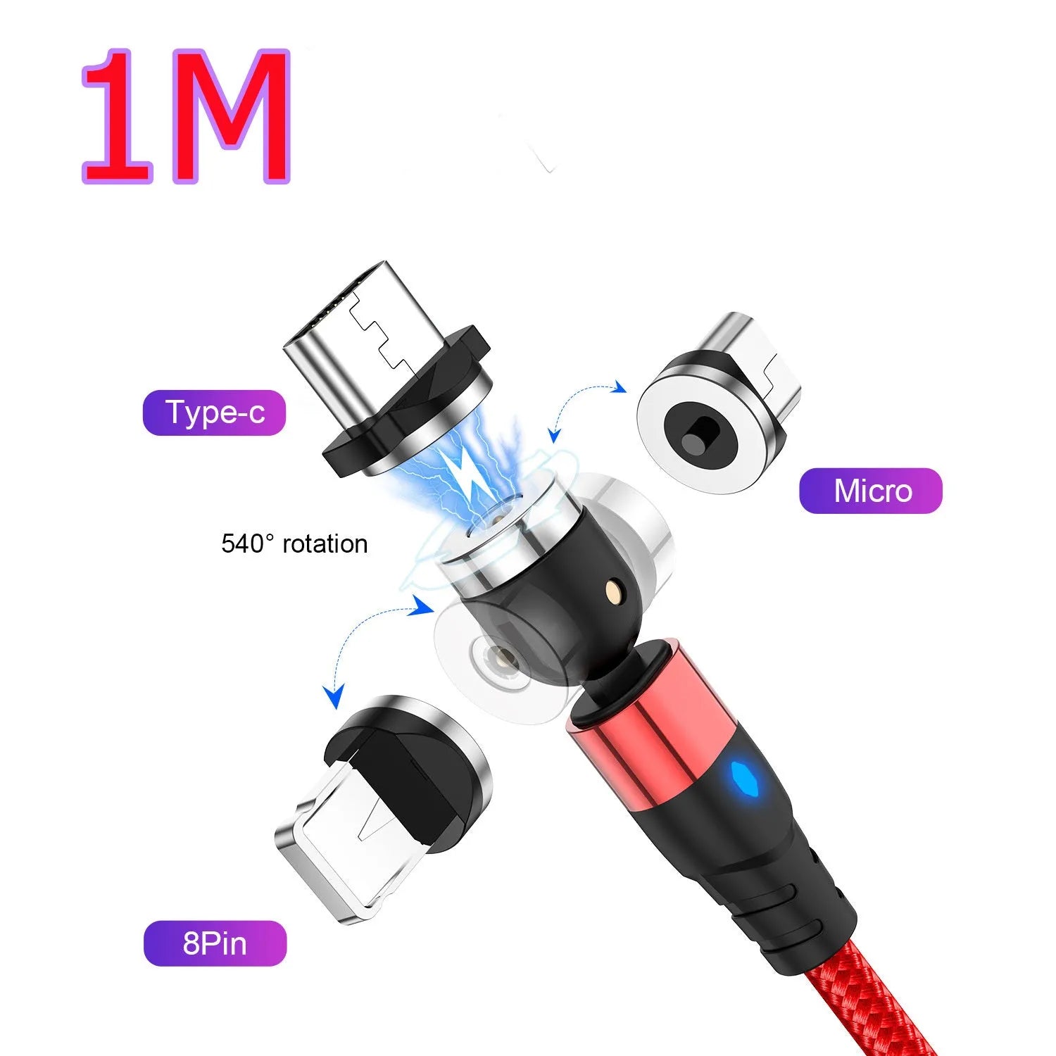 Black magnetic charging cable with LED diamond lamp, showing Android and Type-C magnetic connectors.