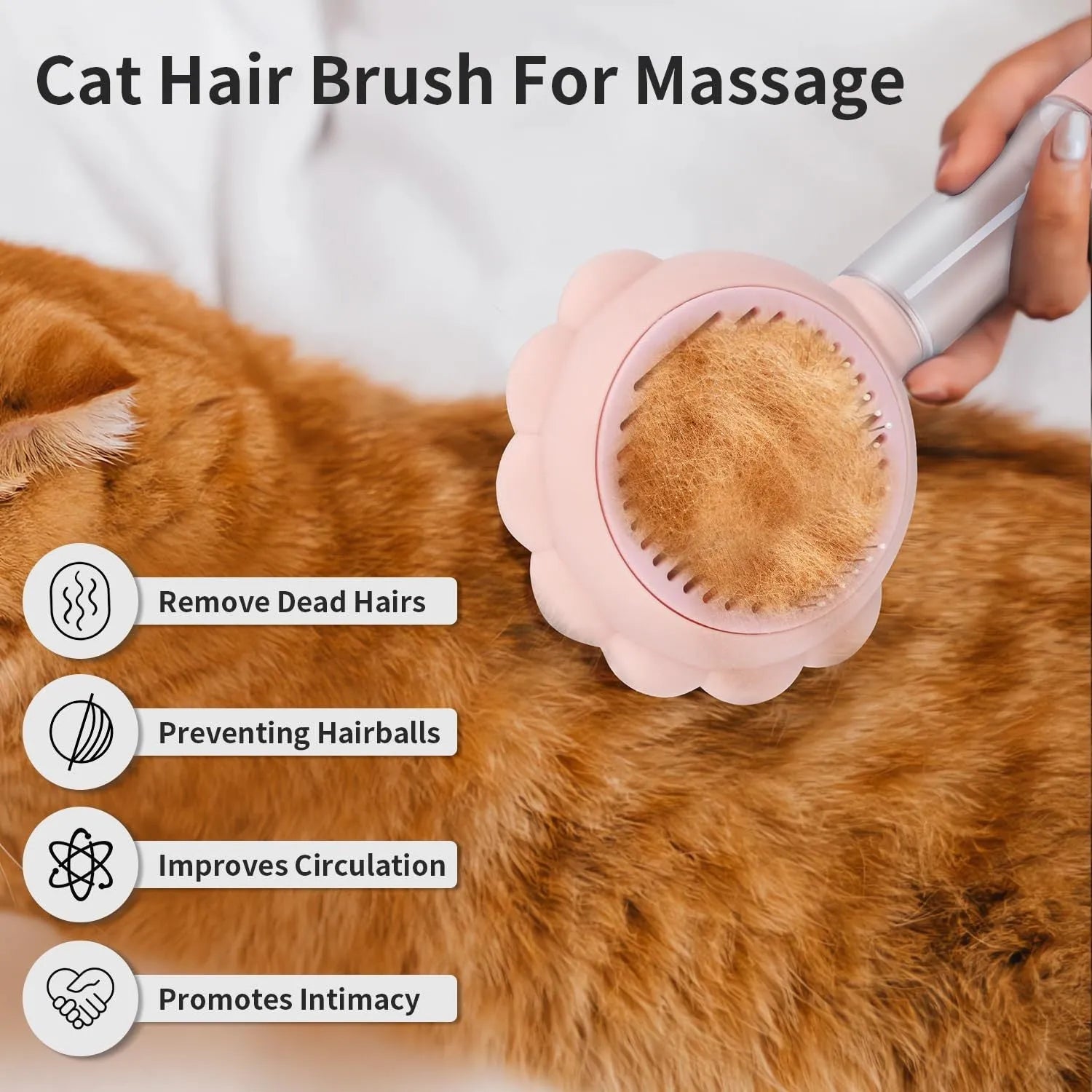 Grey self-cleaning cat brush with spray function and stainless steel bristles on a white background.