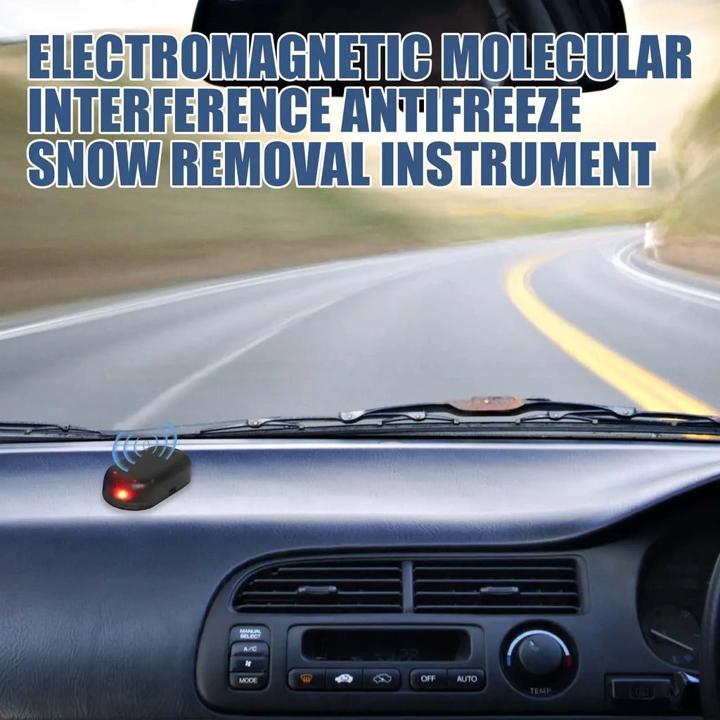 Black handheld car deicing tool with special glass component on a white background.