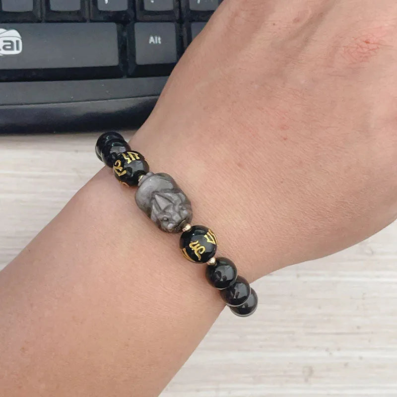 Handcrafted silver stone bracelet for men with Chinese zodiac proverbs on beads